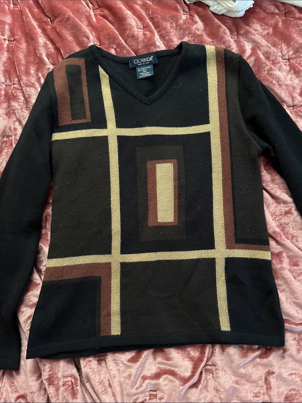 Women's Black V-Neck Sweater with Brown & Cream Geometric Blocks